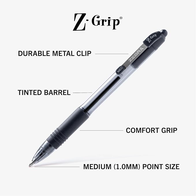 Zebra Pen Z-Grip Retractable Ballpoint Pen, Smooth-Flowing Black and Blue Ink, 1.0mm Medium Point, School & Office Supplies, Ideal for Note-Taking, Journal and Planner Use, 18-Pack (22018amz)