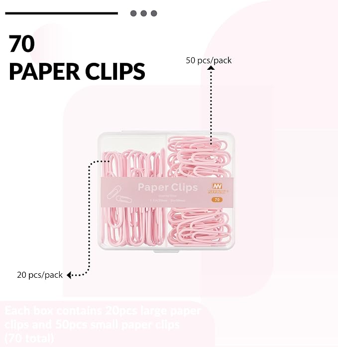 NEEWAY Colorful Paper Clips Assorted Sizes, Small and Large Paper Clips, 70 Count (Light Pink)