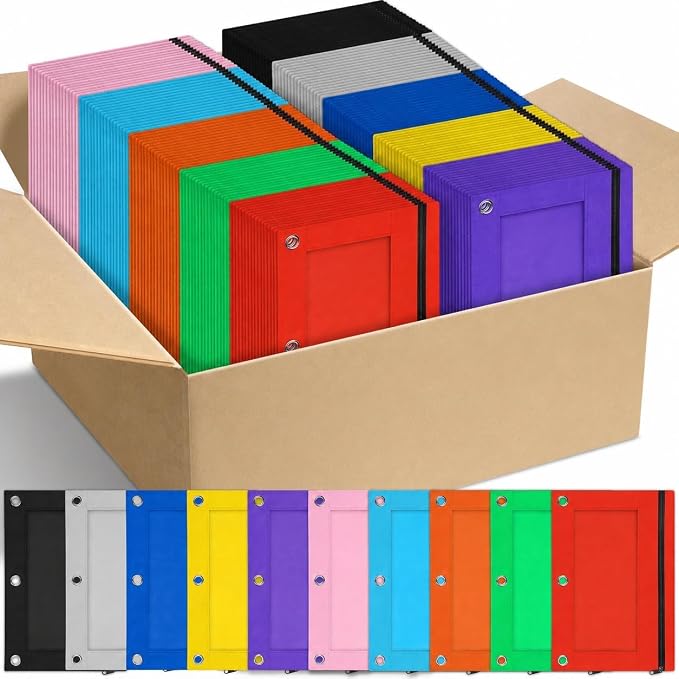 Pencil Pouch for 3 Ring Binder, 100 Packs Zipper Pencil Pouch Bulk in 10 Colors, Pencil Case for Binder with Clear Window for School, Home and Office