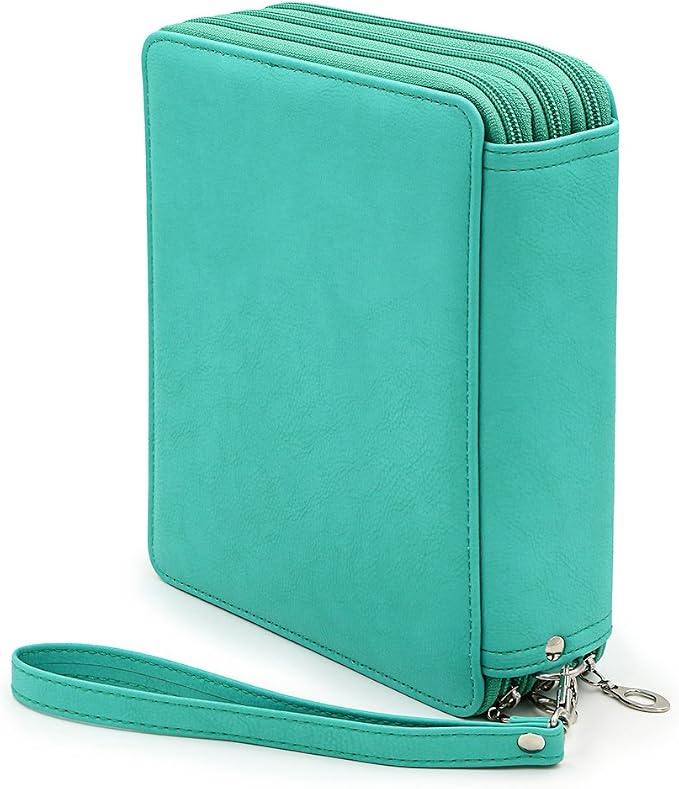 BTSKY Deluxe PU Leather Pencil Case For Colored Pencils - 120 Slot Pencil Holder with Handle Strap Handy Colored Pencil Box Large(Green)
