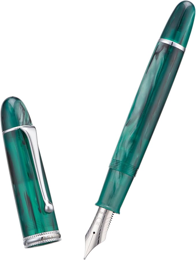 Asvine V800 Fountain Pen – Vacuum Filling System with Large Ink Capacity – Smooth Number 8 Fine Nib with Gift Case and Wrench- Green Acrylic