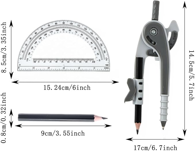 Vobou Compass for Geometry Set, 6 Inch Protractor, Clear Plastic (Gray) | 6 Inch Compass, Sharpener and Eraser, Easy Grip, Drafting Tool for Scool, Art, Drawing Precision Design for Math