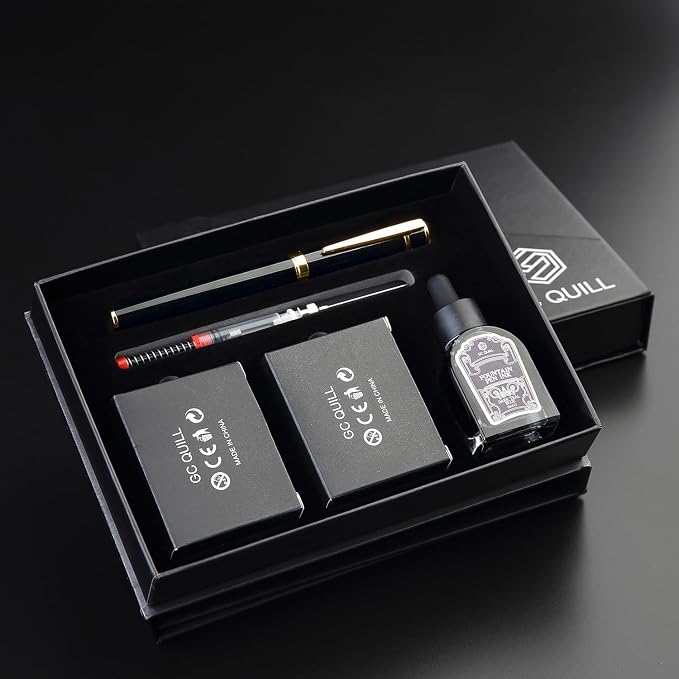 Fountain Pen Set, Elegant Executive Fine Nib Pen with Ink Converter, Refill Tool, Black & Assorted Cartridges, Bottled Ink, Gift for Journaling, Writing, Office and Beginners (Black & Gold)