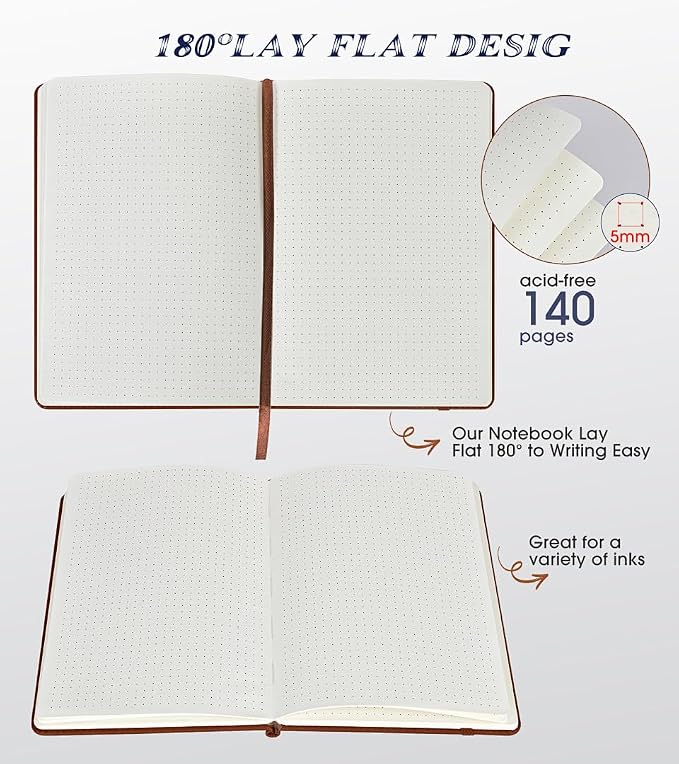 Biuwory Dotted Journal Notebook, 140 Dot Grid Pages, Medium 5.7"×8.3" | A5 Hardcover Vintage Leather Journal for Women Men, Dot Grid Paper Notebook for Work School Travel, Bullet Journaling Writing