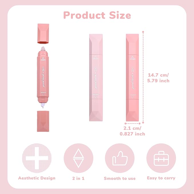 Temiary 4 Pcs 2 in 1 White Correction Tape and Double Sided Roller Set, Aesthetic Smooth Pull Out Tapes with Adhesive Glue Tape Roller Runner for School Office Supplies (Pink)