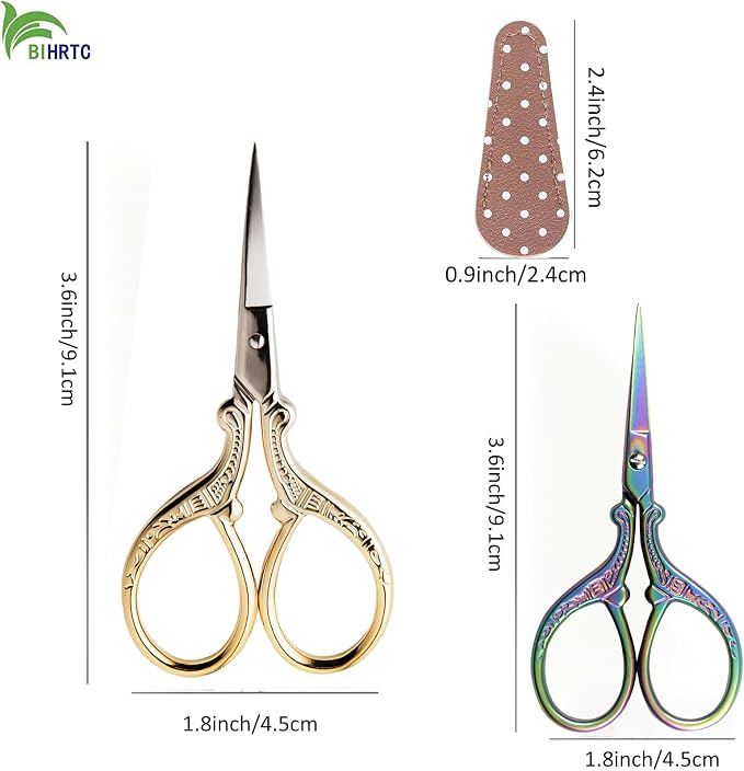 BIHRTC Small Sewing Scissors Gold 3.6inch Stainless Steel Scissor DIY Tools | Leather Cover, Office Scissors DIY Tools Dressmaker Small Shears for Sewing Crafting Art Work Threading Needlework