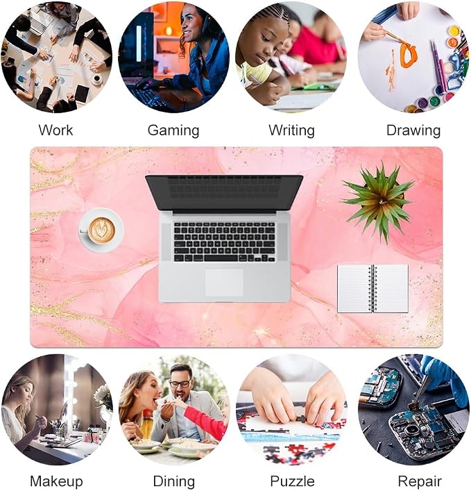QIYI Large Mouse Pad, Extended Desk Mat for Desktop, PU Leather Waterproof Gaming Mousepad, Computer Desk Accessories Protector Writing Pads for School Office Home 31.5" x 15.7" - Dreamy Pink Marble