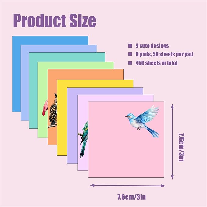 9 Pads Cute Sticky Notes Set, 3" x 3" Bird Self Stick Notepads, Funny Sticky Notes Set, Bird Stationery, Kawaii Adhesive Memo Pads, Office Decor Desk Accessories, School Supplies, Bird Lover Gifts
