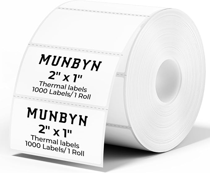 MUNBYN 2x1 Thermal Labels, 1000 Sheets/Roll, White | Strong Adhesive & Perforated, Non BPA&BPS for Barcode, Inventory, Organization