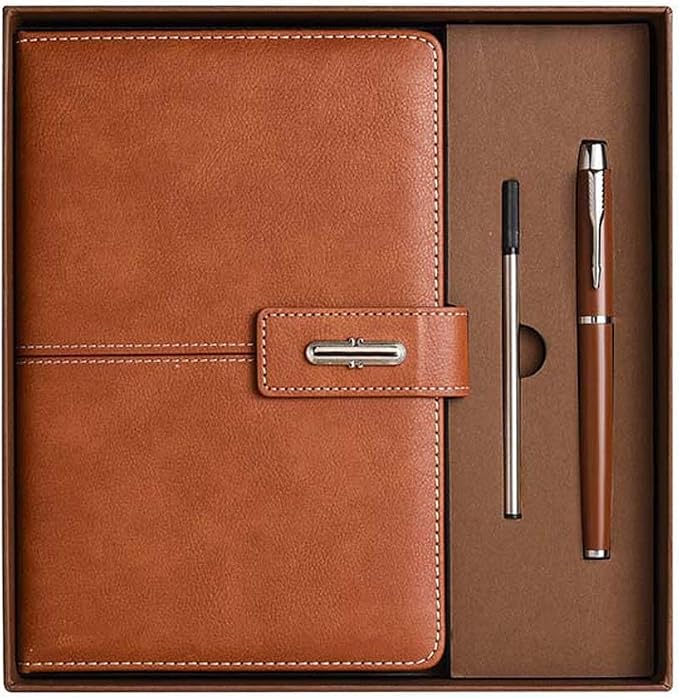 A5 Notebook Journal Leather Journal Hardcover With Pen Set for Work School Writing Business Notebook 200 pages + pen refill + gift box packaging(Brown)