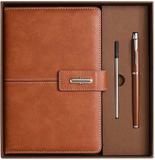 A5 Notebook Journal Leather Journal Hardcover With Pen Set for Work School Writing Business Notebook 200 pages + pen refill + gift box packaging(Brown)