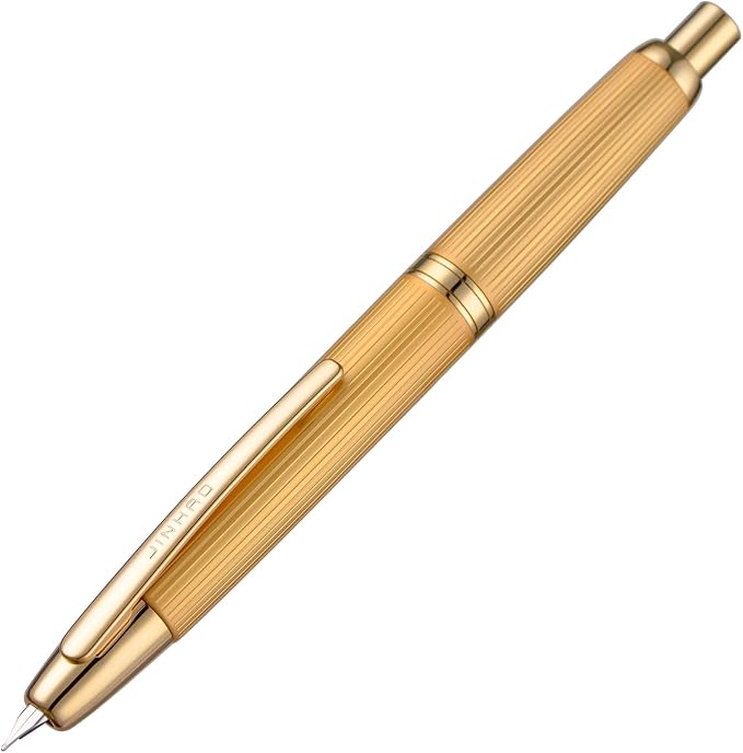 Jinhao 10 Press Fountain Pen with Box, Brushed Matt Gold Retractable Extra Fine Nib with Ink Converter Set (Golden Clip)