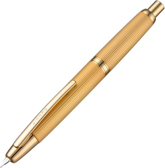 Jinhao 10 Press Fountain Pen with Box, Brushed Matt Gold Retractable Fine Nib with Converter Set (Golden Clip)