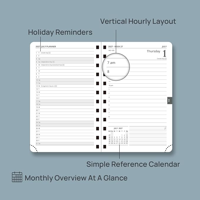 POPRUN 2027 Daily Planner One Page Per Day, Small 4.25" x 6.25", Calendar Book from Jan 2027 - Dec 2027, Hardcover Appointment Book with Hourly Time Slots, Spiral Bound - Navy Blue