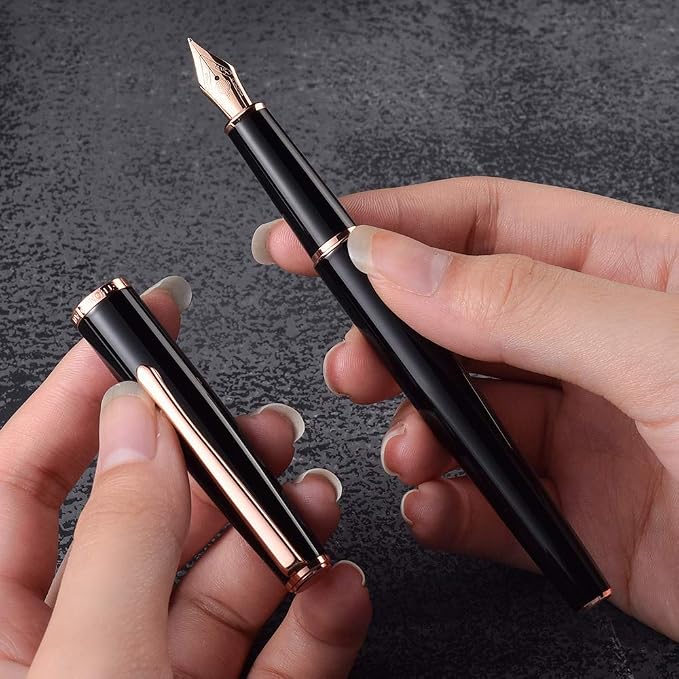HongDian 920 Black Metal Fountain Pen, Rose Gold Plated Extra Fine Nib Smooth Writing Pen, Classic Pen with Ink Converter