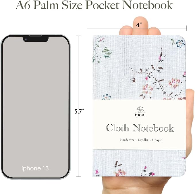 Pocket Journal, Floral Linen Notebook, Similar Embroidered, A6 Notebook, 4x6 Journal, Lay Flat, Hardcover, Lined & Unlined Sketchbook, White