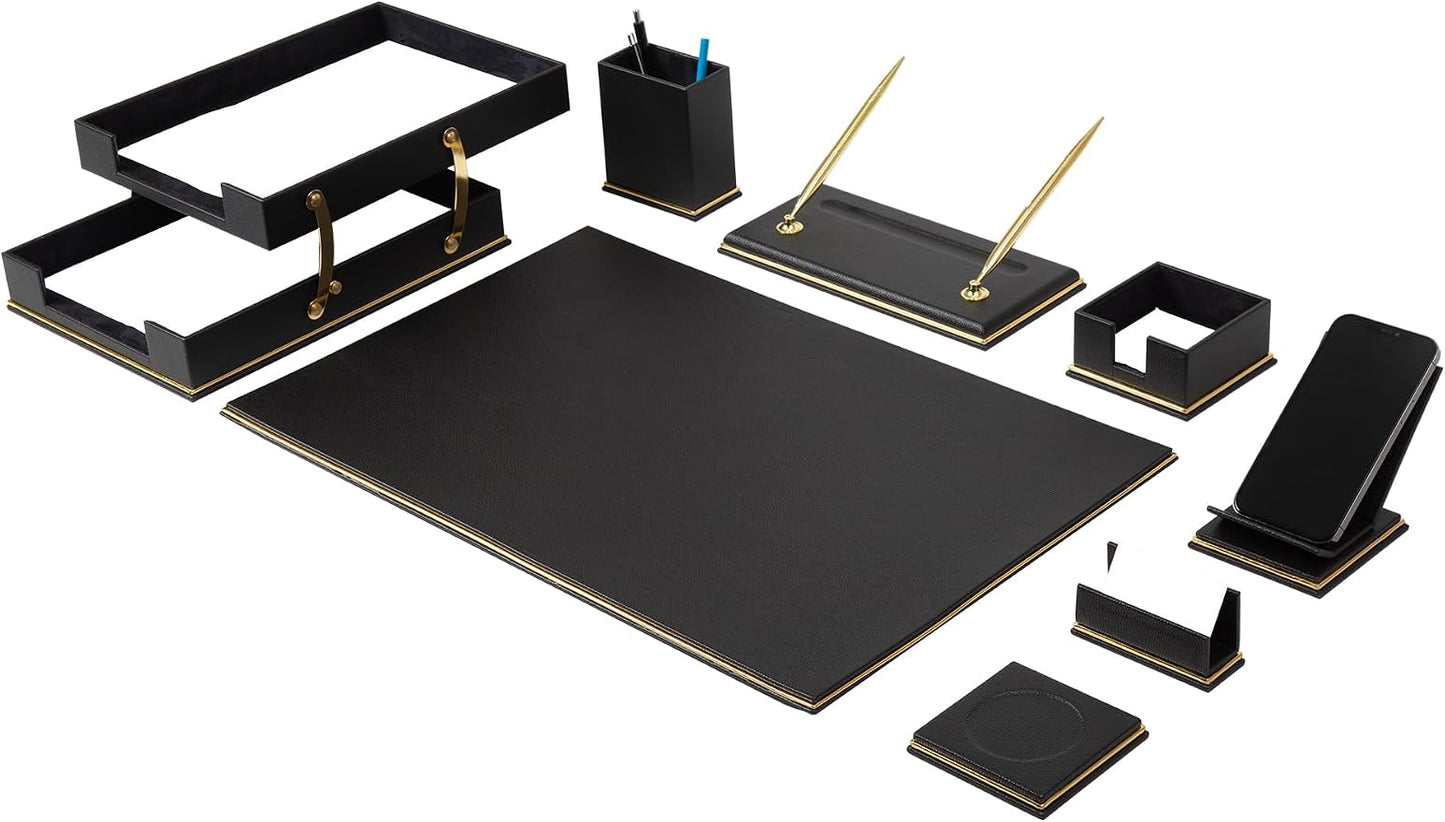 Cloud Luxury Leather Desk Set – 10 Piece Executive Desk Organizer with Desk Pad, Double Document Tray, Pen Holder, Memo Holder, Business Card Holder & Phone Stand – Gold Office Accessories (Black)