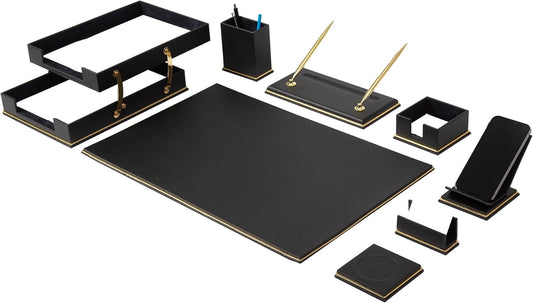 Cloud Luxury Leather Desk Set – 10 Piece Executive Desk Organizer with Desk Pad, Double Document Tray, Pen Holder, Memo Holder, Business Card Holder & Phone Stand – Gold Office Accessories (Black)