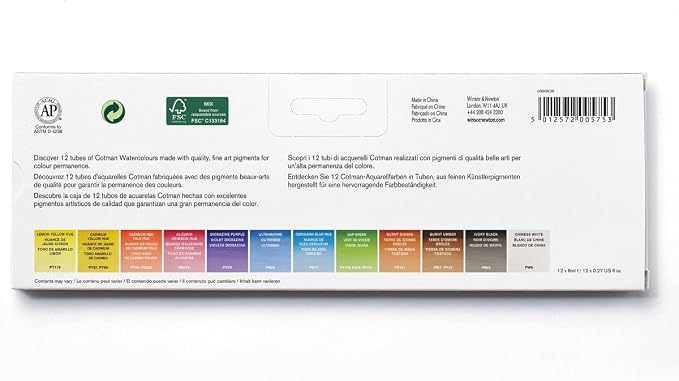 Winsor & Newton Cotman Watercolor Paint Set, 12 Colors, 8ml (0.27-oz) Tubes