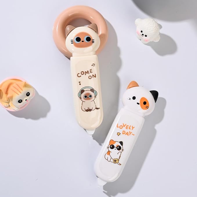 4-Count Cute Cat Correction Tape, Retractable Tape for School & Office | Cute cat design with smooth application and tear-resistant tape, perfect for correcting notes, homework and office documents.
