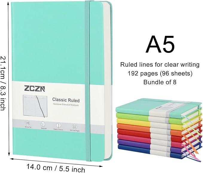 ZCZN 8 Pack Hardcover Journal Notebooks, 5.5"x8.3", Hardcover, 8 Colors, A5 Lined Journals for Notes-taking,Writing,Diary, Ruled Journaling Notebooks for Work School Travel Home