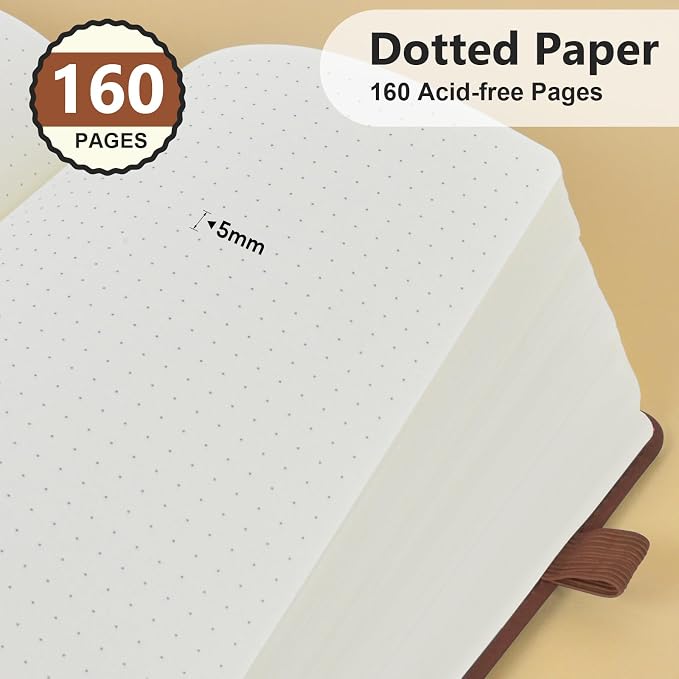 PERCUN A5 Dotted Journal Notebook, Leather Hardcover Notebook 5.9"×8.5" | 160 Dotted Pages Journal for Women & Men, Dot Grid Notebook for Writing, Work, School, Travel Daily Diary, Bullet Journaling