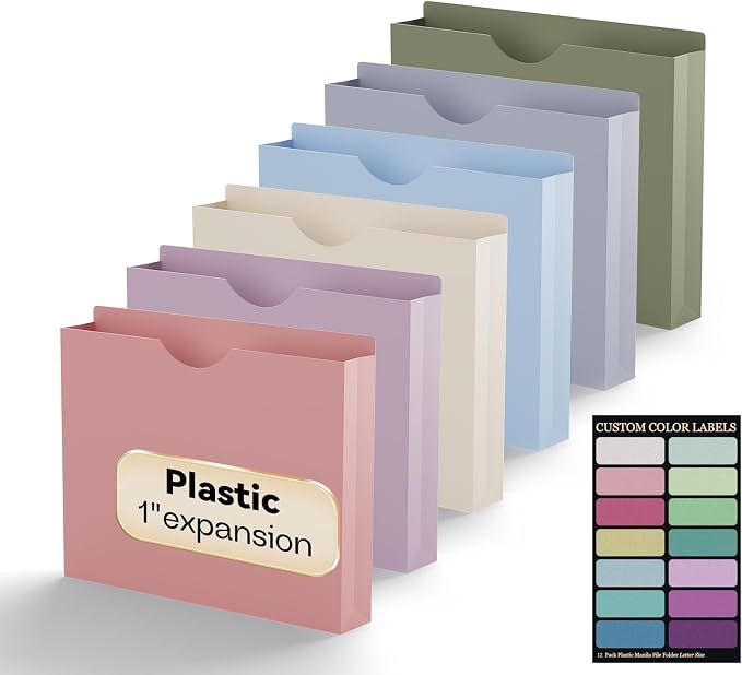Plastic 1 Inch File Jackets Letter Size,Heavy Duty Expansion Pocket | Expanding File Folde for Documents,12 Pack Manilla Pocket Folders,Job Folders File Jacket with Straight Cut Tabs,Pastel Color