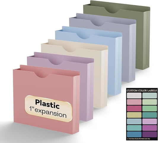 Plastic 1 Inch File Jackets Letter Size,Heavy Duty Expansion Pocket | Expanding File Folde for Documents,12 Pack Manilla Pocket Folders,Job Folders File Jacket with Straight Cut Tabs,Pastel Color