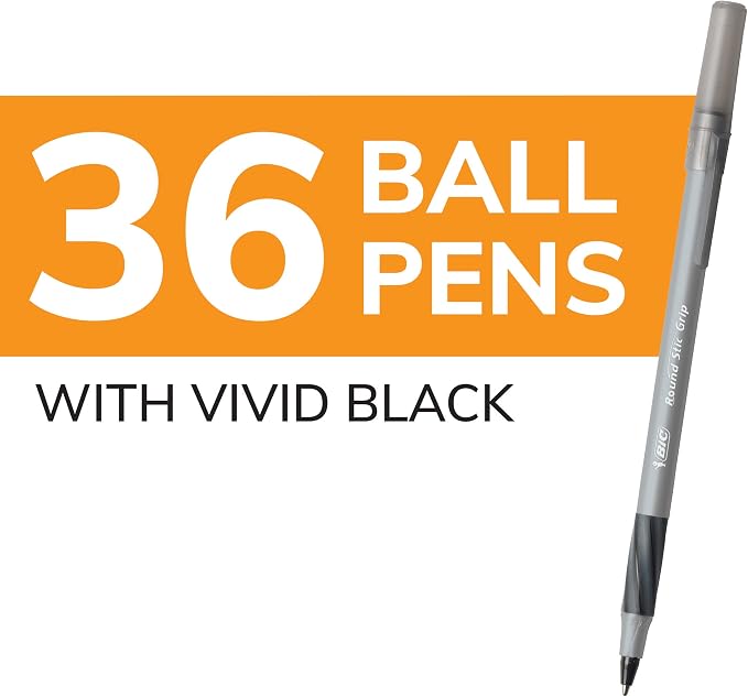 BIC Round Stic Grip Xtra Comfort Black Ballpoint Pens, Medium Point (1.2mm), 36-Count Pack, Perfect Writing Pens With Soft Grip for Superb Comfort and Control