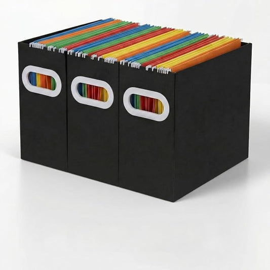 Hanging File Organizer Box, 3 Pack Black Cardboard File Folder Holder for Letter Size, Portable Desk Document Storage with Handles, for Office,Home,School