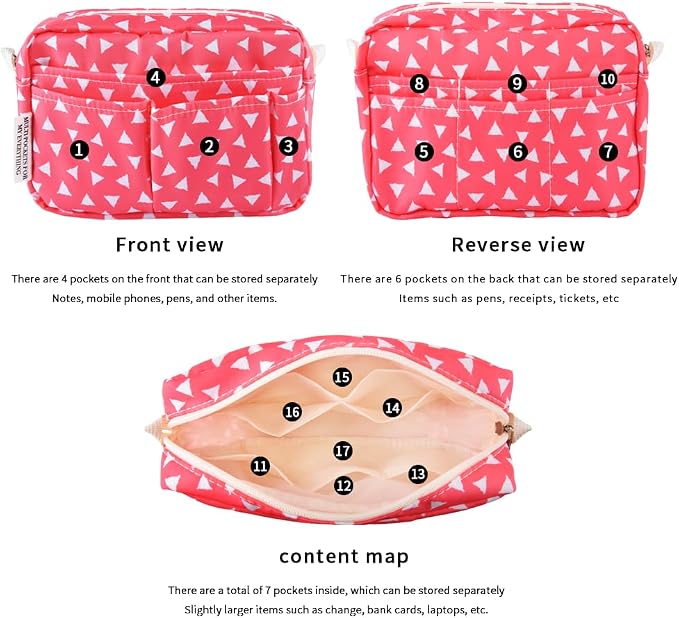 E-WEICHEN Multiple Pockets Portfolio Organizer with Zippered, Makeup Bag Travel Essentials for Women, Simple Waterproof Stationery Pencil Pouch Bag for Journal Office Art Supplies.Pink Triangle
