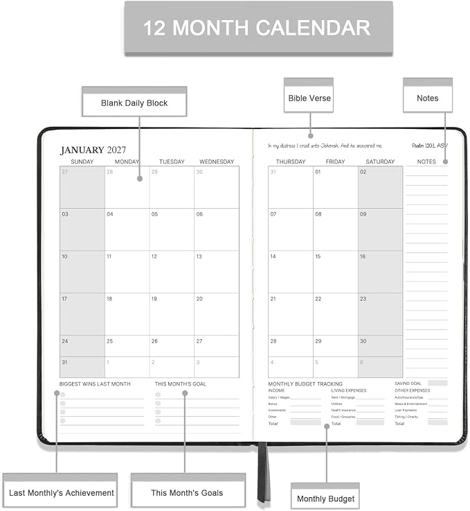 2027 Christian Planner - Daily Bible Planner 2027, JAN. 2027 - DEC. 2027 | 5.7" x 8.4", 2027 Weekly & Monthly Planner with Pen Holder, Back Pocket, Elastic Closure, Hardcover - Black