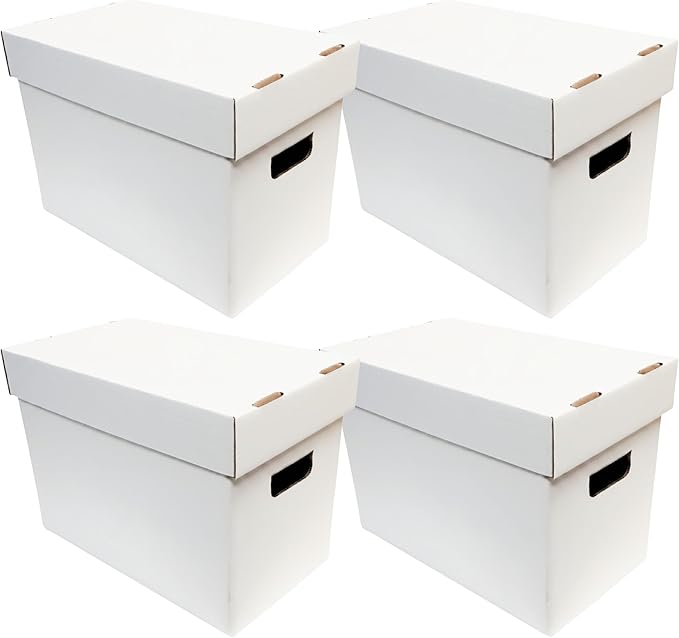 Max Protection Magazine Storage Boxes with Lids - Heavy Duty, 4 Pack | 200 lb Test Corrugated, Made in USA, File and Document Organizer, White, Tool-Free Assembly