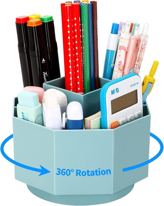 LETURE Desk Organizer, 360-Degree Rotating Pen Pencil Holder, 5 Compartments Desktop Stationary Organizer, Home Office Art Supply Storage Box Caddy (BLUE)