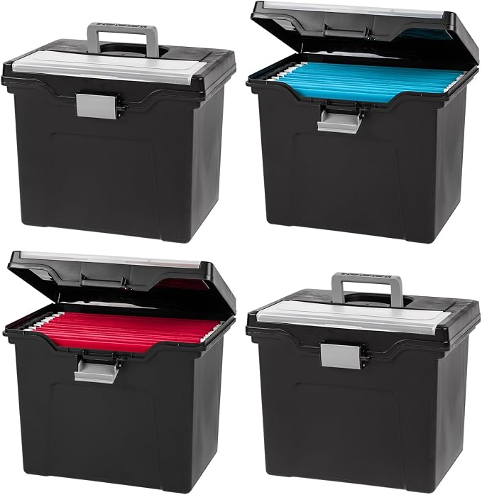 IRIS USA File Box Organizer with Lid, Letter File, 4-Pack, Black | Carry letter size files, documents and paperwork with a portable handle and secure lid for organized storage on the go