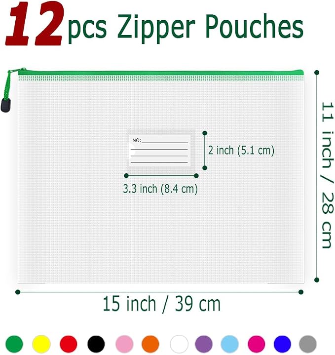 Plastic Mesh Zipper Pouch, 12Pcs Zipper File Bags with Label Pocket, Game Boards Storage Bags, Waterproof Document Storage Bags for Office Home Travel Cosmetic (B4 Size 15x11 in)