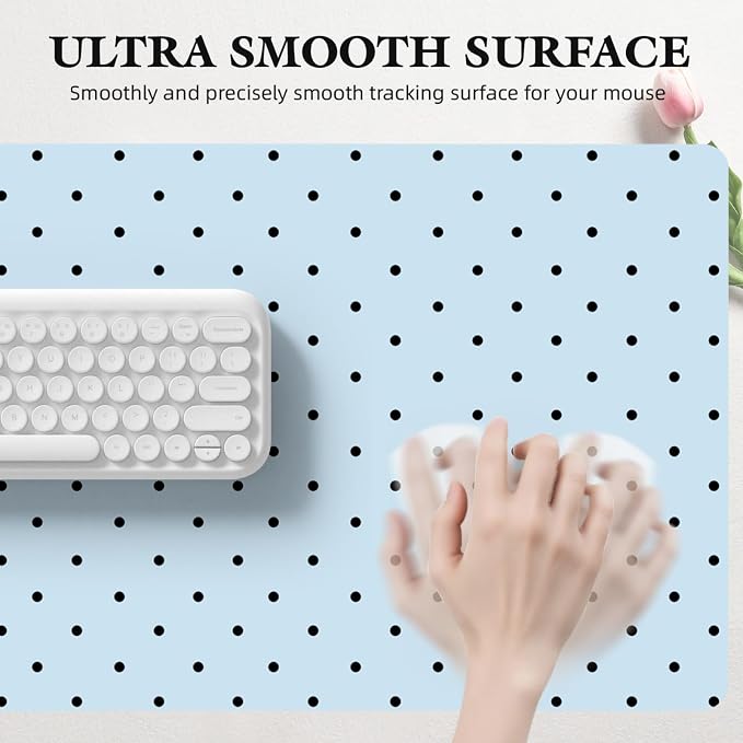 Black Polka Dot Leather Desk Mat Extended Gaming Mouse Pad | Non-slip Large Writing Pad Laptop Blotter Computer Keyboard Mat | Cute Blue Desk Protector for Home Office 23.6" x 11.8"