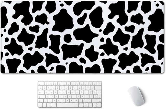 SSOIU White Black Cow Pattern Desk Pad, Personalized Desk Mat, Cow Print Desk Mat, Cute Desk Pad, Extended Gaming Mouse Pad (35.5x15.7 in), Large Non-Slip Rubber Base Mousepad with Stitched Edges