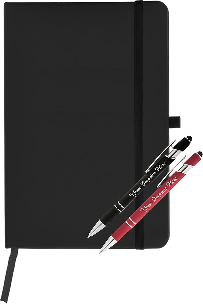 ExpressDesigns™ - Personalized Pens Gift Set w/Journal- 2 Pack of Soft Touch Metal Pens w/Notebook - Custom Engraved with Name or Message (Black - Red)