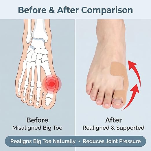 60PCS Pre‑Cut Bunion Corrector Kinesiology Tape– Elastic, Breathable & Hypoallergenic Latex-Free Toe Support Strips, Waterproof Adhesive Foot Support Patch for Hallux Valgus Correction(Skin color 60PCS)