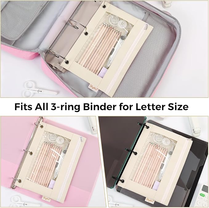 SKYDUE Pencil Pouches for 3 Ring Binder, Zipper Pencil Pouch for Girls Boys, Clear Window Pencil Bag, 3 Ring Pencil Pouch Case for Binder, Durable Organizer for School Supplies
