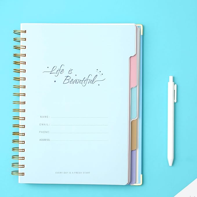 Yoment 2 Pack 5 Subject Notebook College Ruled, Hardcover Spiral Notebooks for Work School, B5 Multi Subject Notebook with Tabs Dividers, 240 Pages Lined Journal for Women Men, Pink&Blue