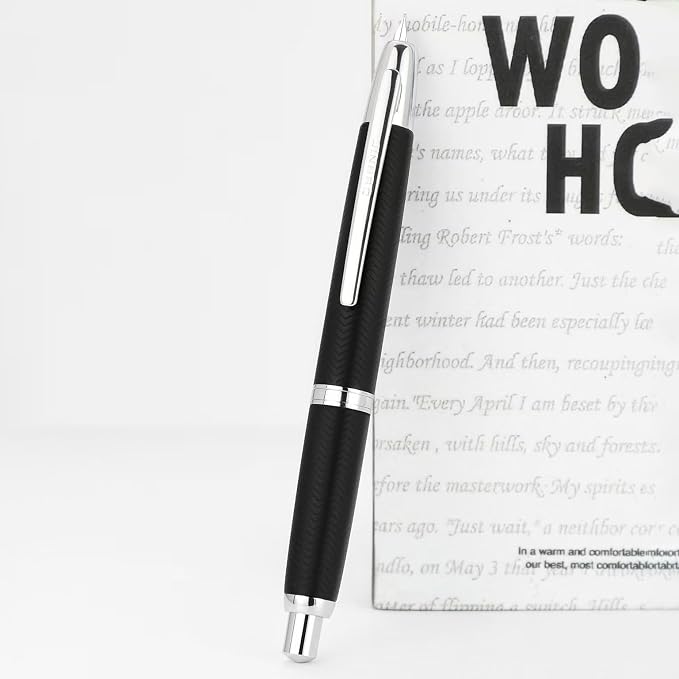 Jinhao 10 Press Fountain Pen with Box, Wavy Matt Black Chromium Retractable Fine Nib with Converter Set (Silver Clip)