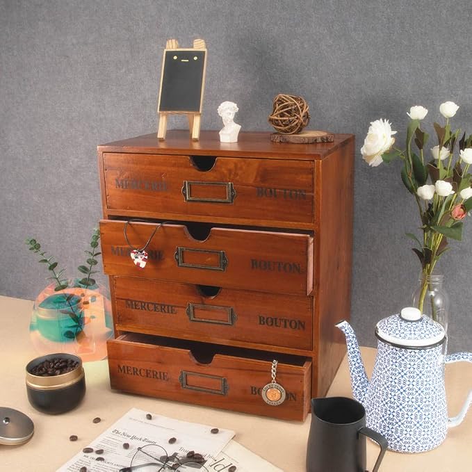 Large Wooden Drawers Wooden Box with Drawer Brown | 4 Drawer Storage Box for Apothecary Cabinet, Apothecary Drawers，Desktop Organizer with Metal Handles for Office，Home