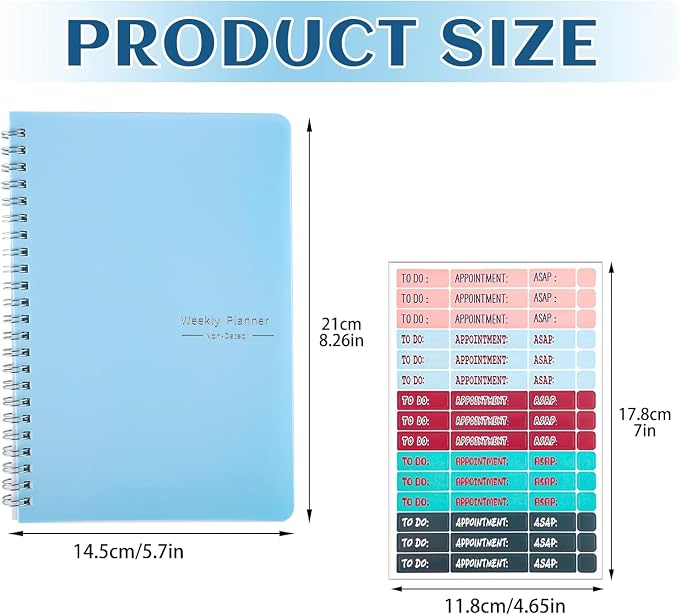 Undated Weekly Planner with Habit Tracker, 52 Weeks To Do List Notebook A5 Weekly Goal Planner with Spiral Binding & Stickers Home Work School Supplies for Women Girls 8.2" x 5.7" - Blue