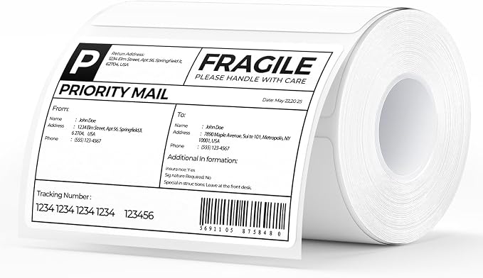 MUNBYN 4x3 Thermal Labels, 500 Sheets/1 Roll, White | Strong Adhesive & Perforated, Non BPA&BPS for Small Business, Shipping, Bakery, Clothing