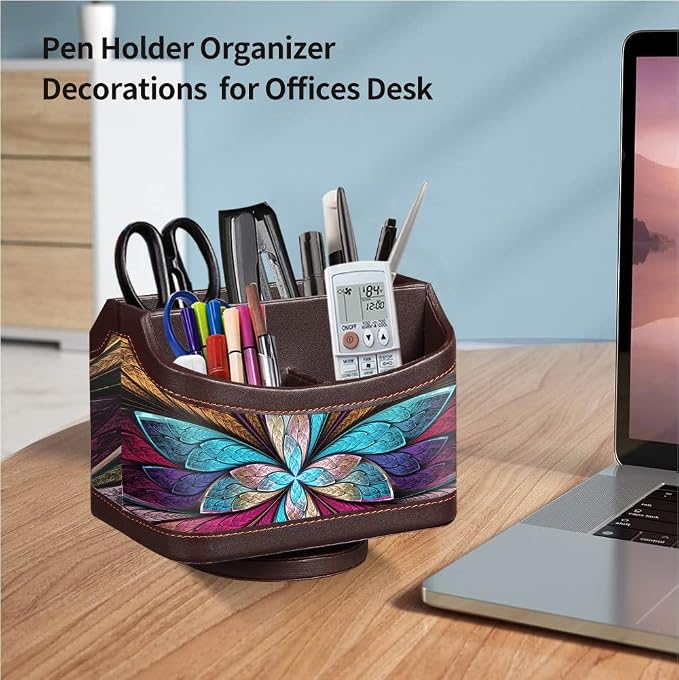 360° Rotatable Remote Control Holder,PU Leather TV Remote Caddy for Table | Colorful Art Supply Organizer Pen Holder, Multi-Functional Desk Organizer for Nightstand,Living Room,Home and Office Decor