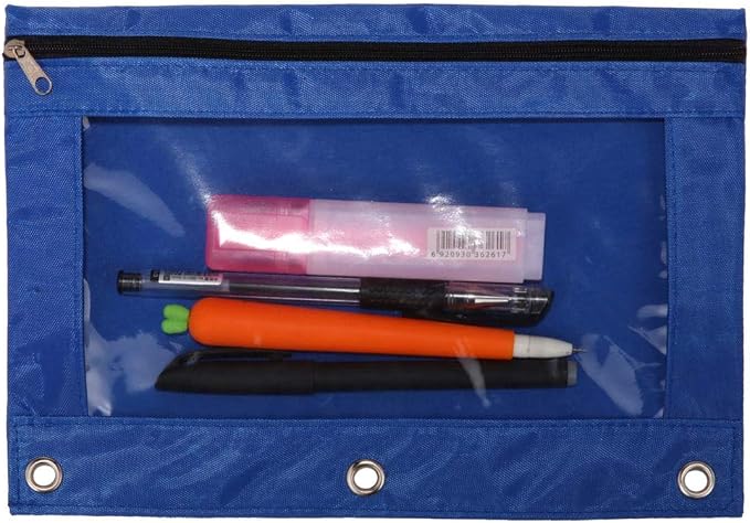 3-Ring Pen Pencil Pouch with Clear Window Stationery Bag Binder Case Classroom Organizers Blue