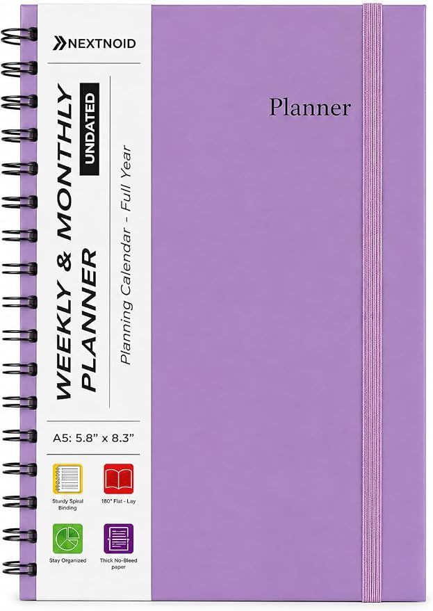 Undated Monthly and Weekly Planner - 12 Month Calendar Planner Notebook with Week Days - Hardcover Undated Planners Blank Agenda Book - A5 Purple