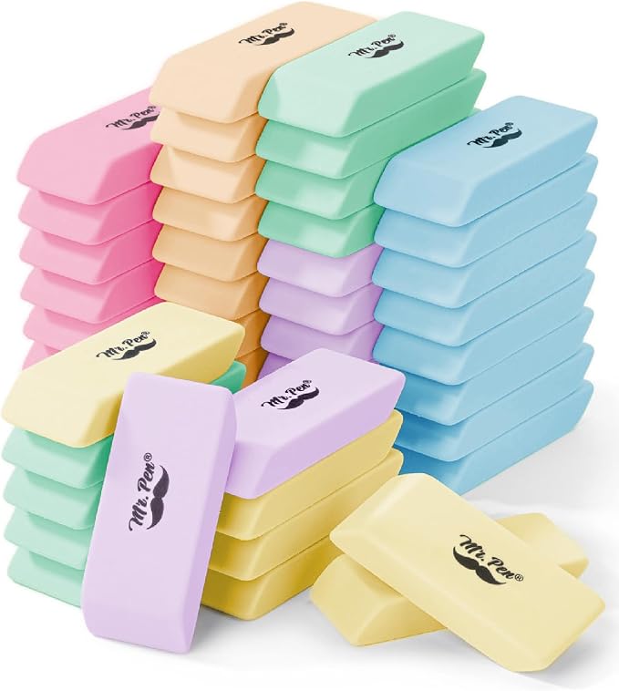 Mr. Pen- Pencil Eraser, 48 Pack, Pastel Colors | Large Latex Free Block Erasers Bulk for School, Office, Art Sketching, Homework, Exams, Clean Smudge-Free Correction